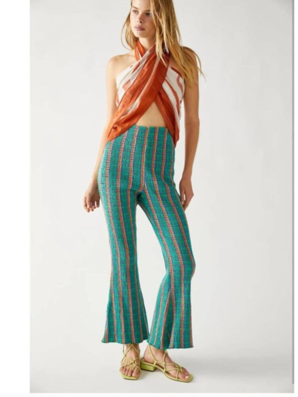 NWT Free People Fine Line High Rise Slim Flare Pants Medium Green Stretchy Med